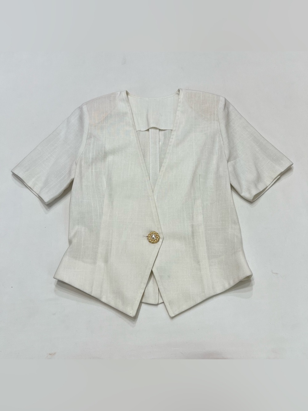 Vintage 80s White Short Sleeve Jacket Sz Med Pearl Button Structured Tailored